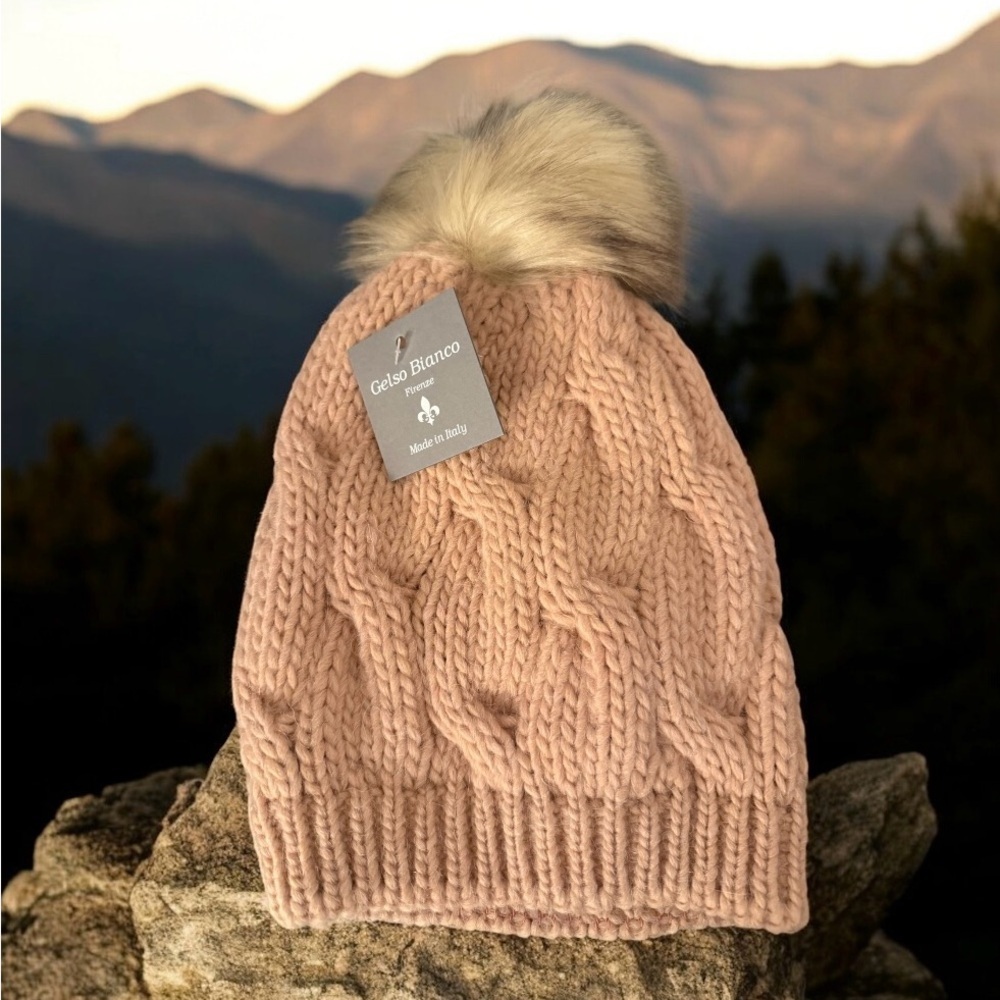 Gelso Bianco Made In Italy Braided Beanie With Faux Fur Pom Pom NWT
